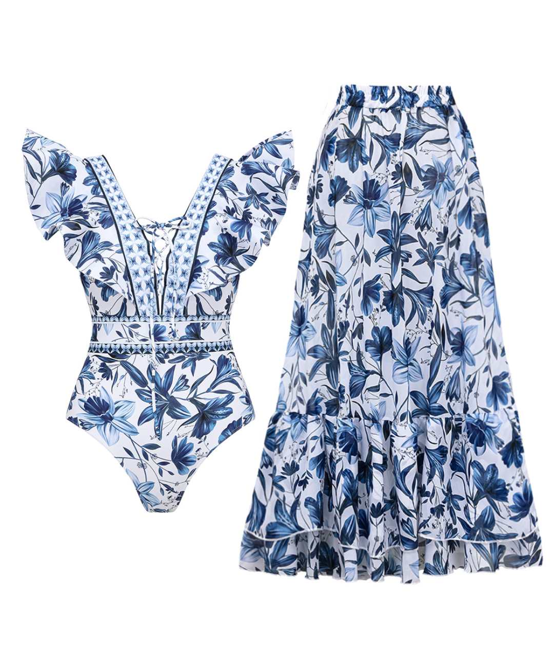 Amalia | 2 in 1 V-neck Swimsuit with Matching Skirt