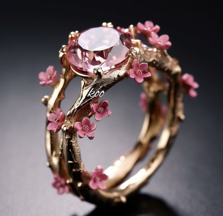 Guldring med rosa kristall och små blommor